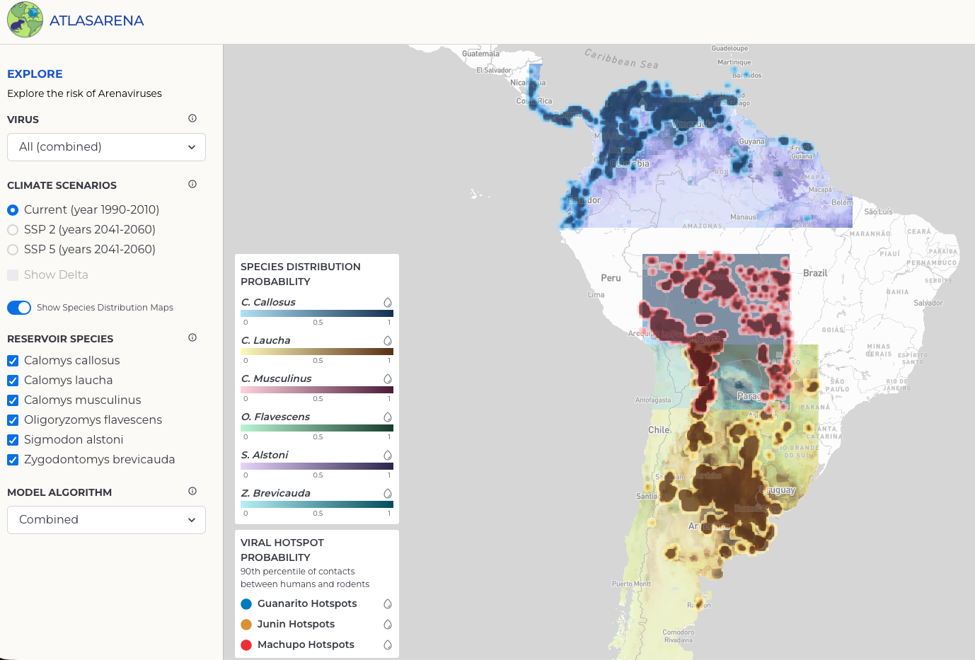 AtlasArena explorer showing arenavirus hotspots and rodent reservoir distributions across South America